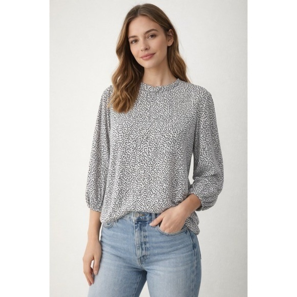 Adrianna Papell Womens Black White Dot Print Mock Neck Long Sleeve Blouse Size M